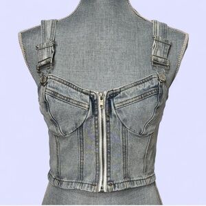 Signature 8 Size M Med Wash Denim Corset Top Zip Buckle Straps Y2K Streetwear